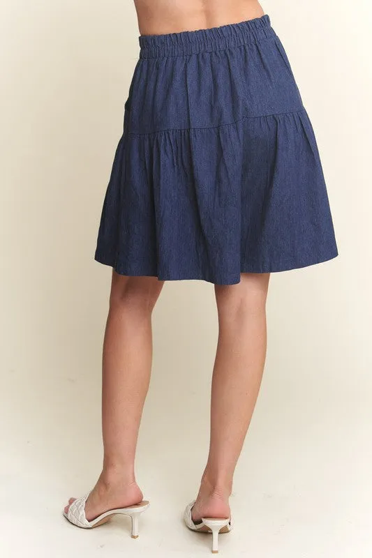 Elastic Waist Wide Leg Dark Navy Denim Shorts