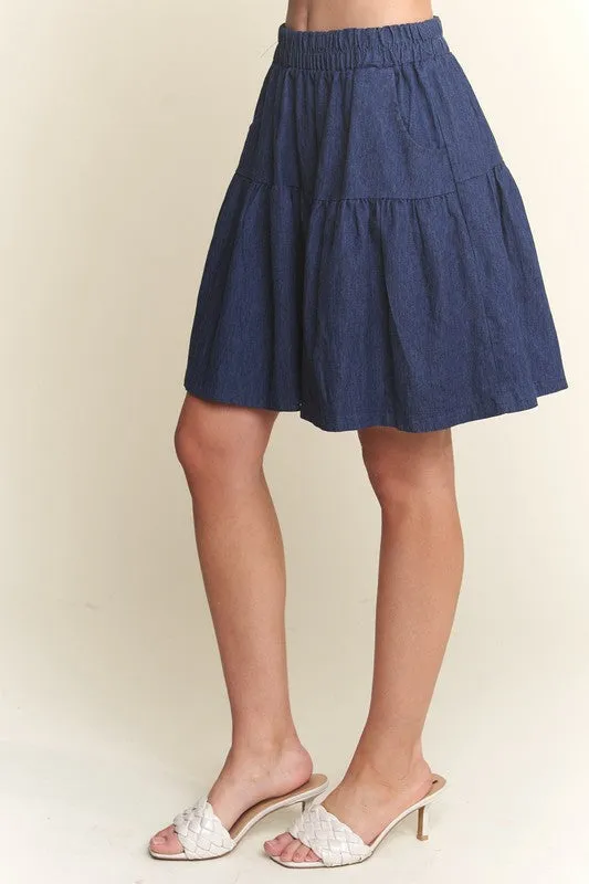 Elastic Waist Wide Leg Dark Navy Denim Shorts