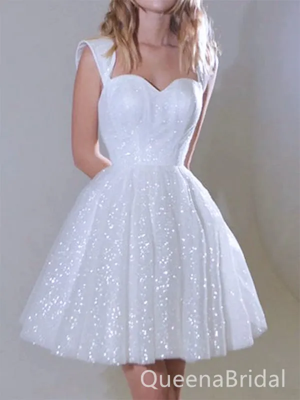 Elegant White Sweetheart Off Shoulder Tulle Sequin A Line Short Homecoming Dresses,QB0397