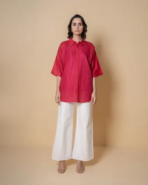 Ember Chanderi Pinkish Red Embroidered Shirt