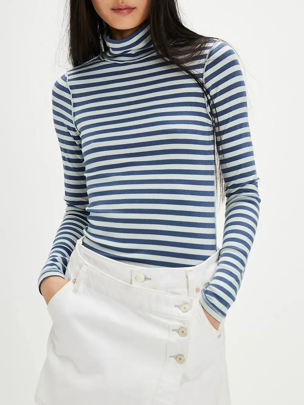 Exposed Seam Striped Turtleneck Long Sleeve T-Shirt for Women