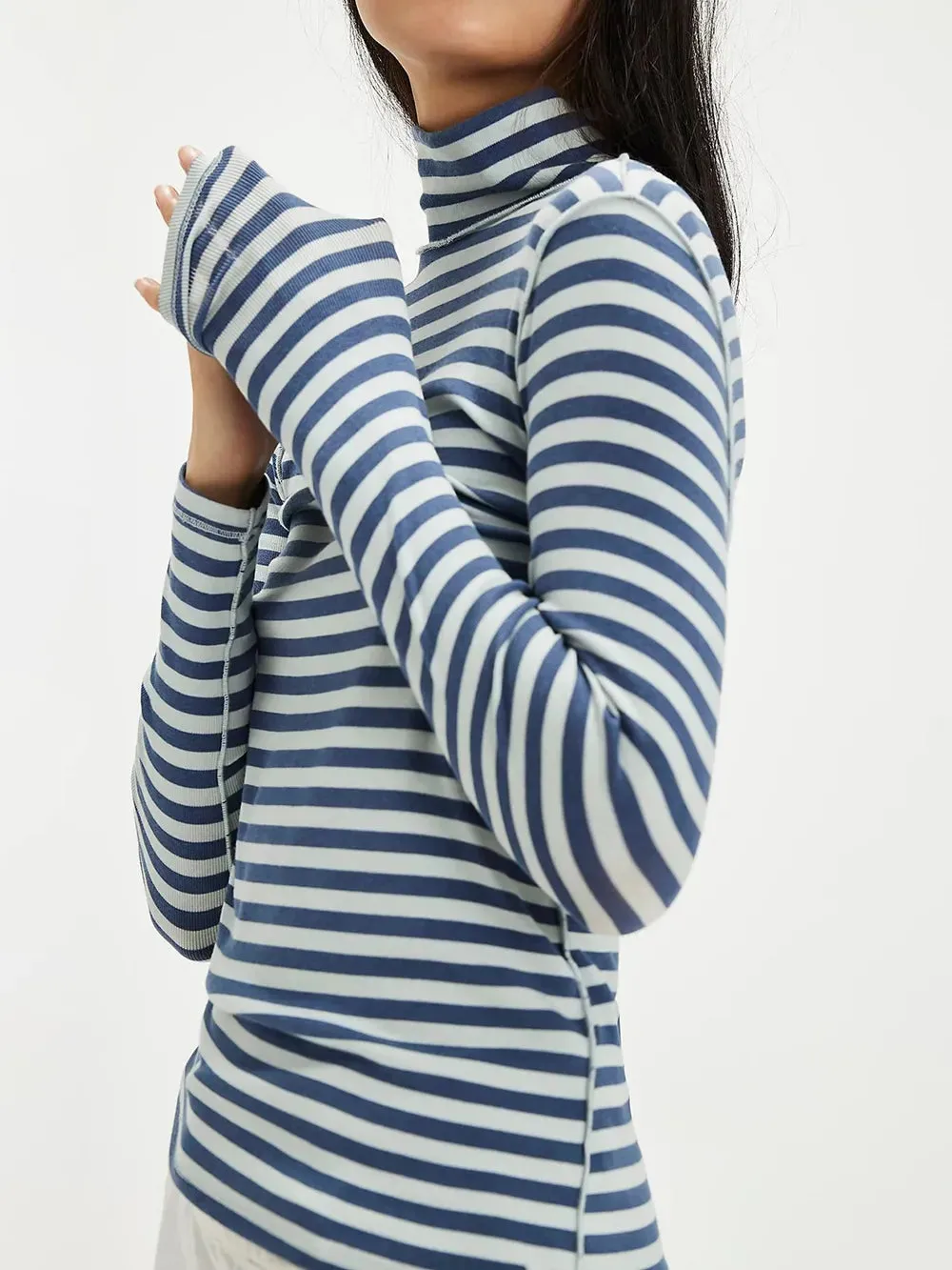 Exposed Seam Striped Turtleneck Long Sleeve T-Shirt for Women