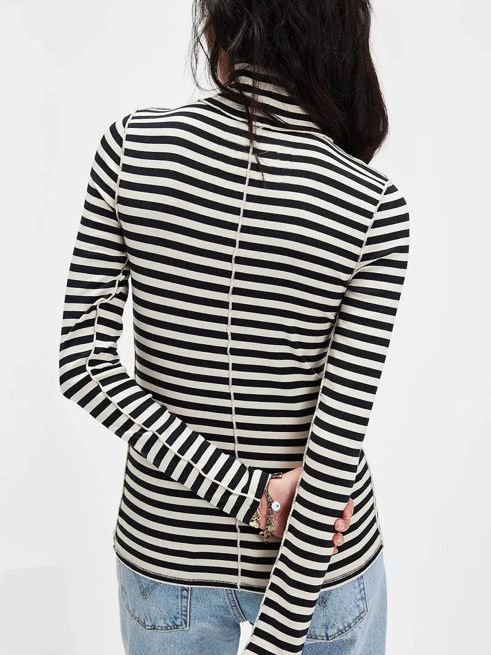 Exposed Seam Striped Turtleneck Long Sleeve T-Shirt for Women
