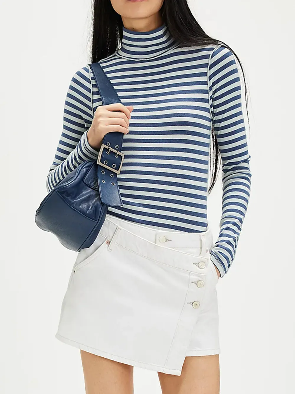 Exposed Seam Striped Turtleneck Long Sleeve T-Shirt for Women