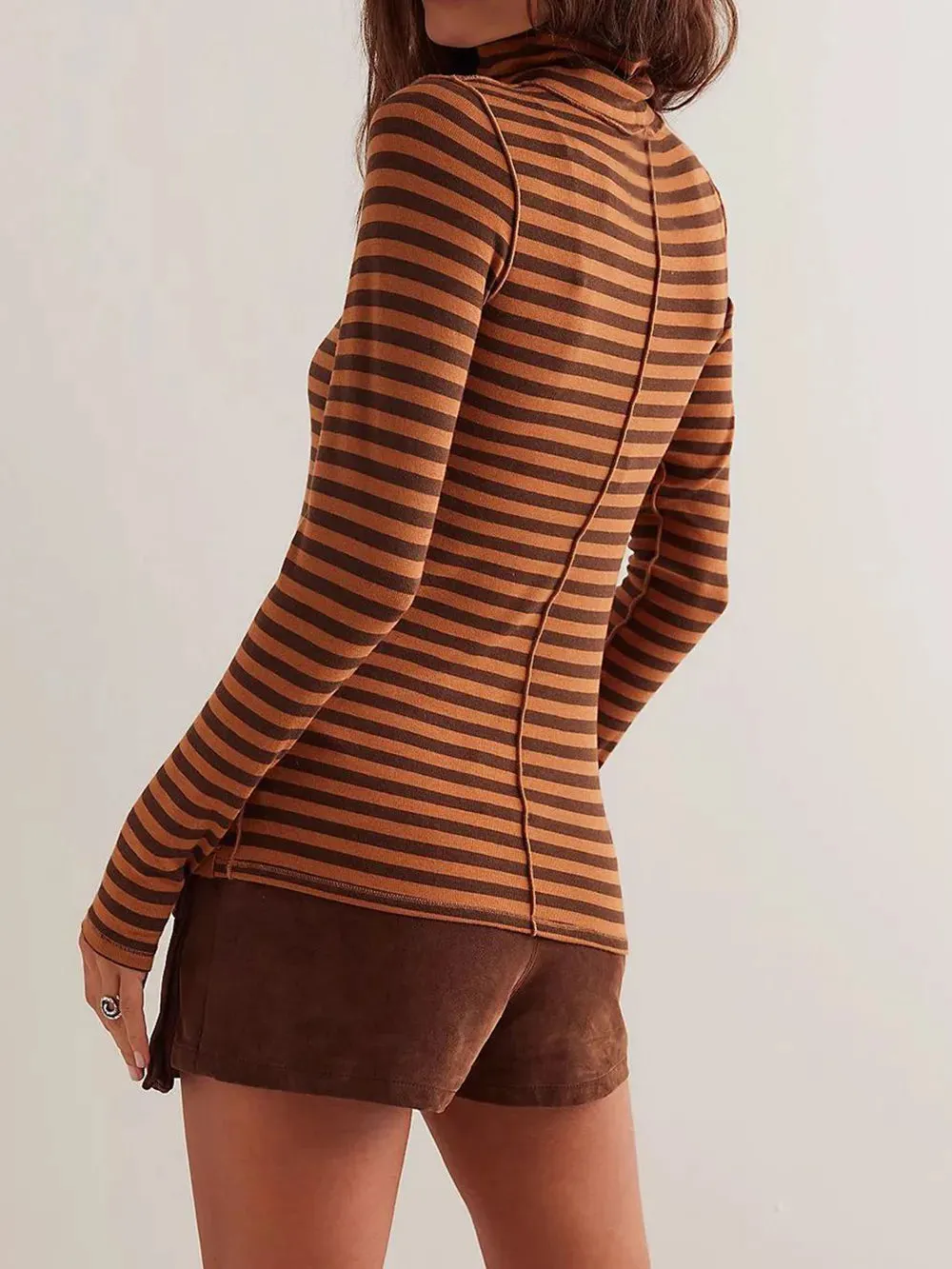 Exposed Seam Striped Turtleneck Long Sleeve T-Shirt for Women