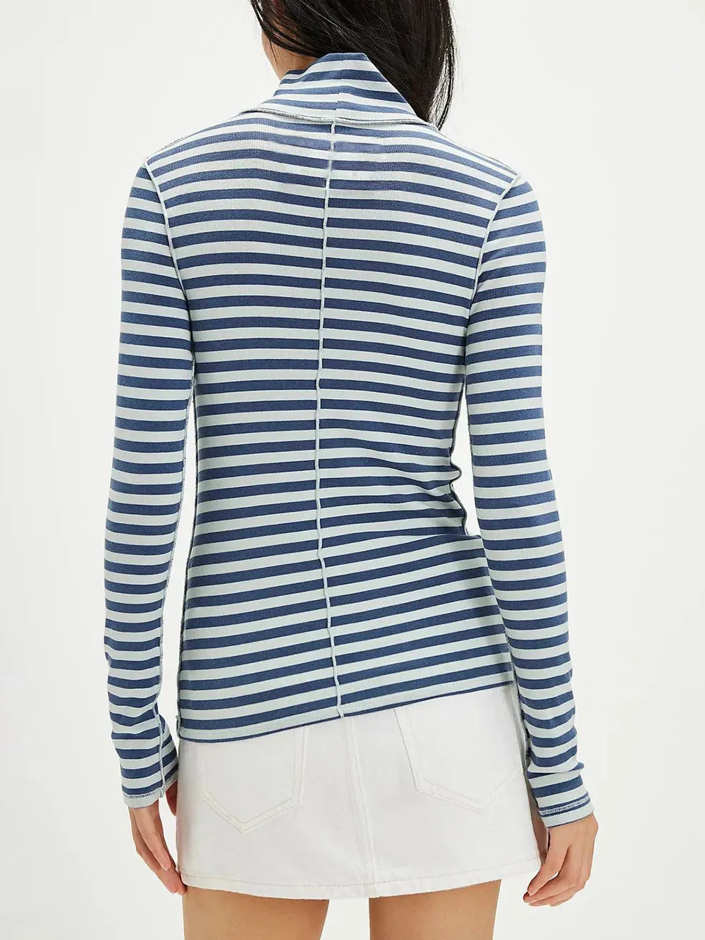 Exposed Seam Striped Turtleneck Long Sleeve T-Shirt for Women