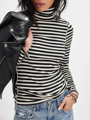 Exposed Seam Striped Turtleneck Long Sleeve T-Shirt for Women