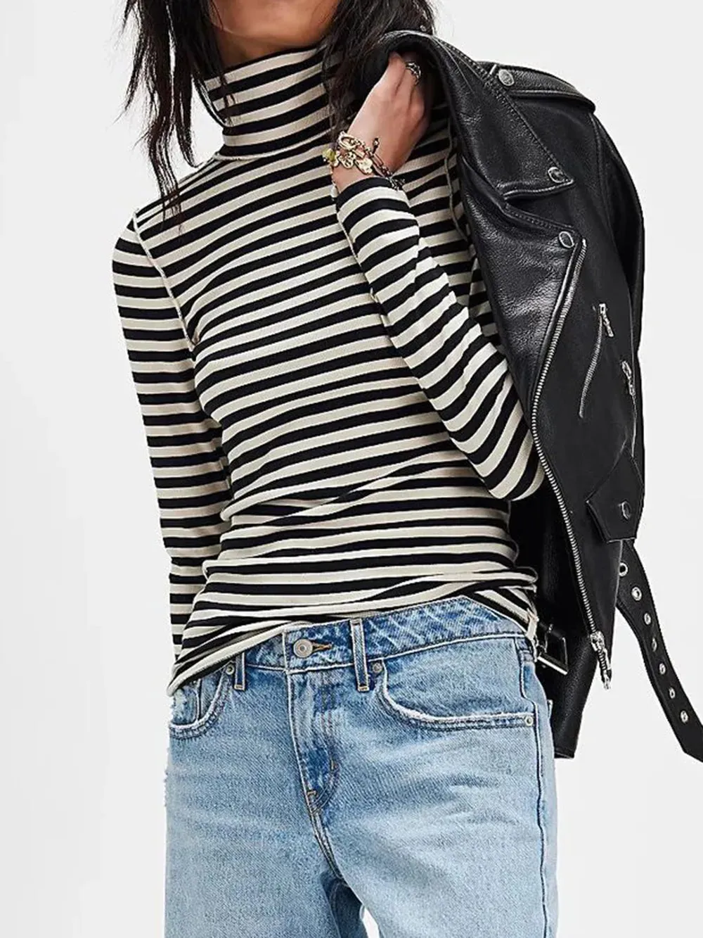 Exposed Seam Striped Turtleneck Long Sleeve T-Shirt for Women