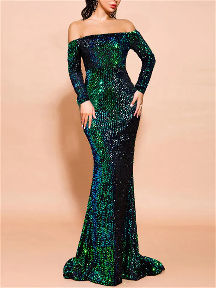 Fashion Elegant Sexy Off Shoulder Shimmery Evening Dresses For Women