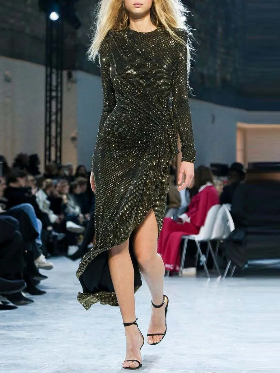 Fashion Long Sleeve Round Neck Irregular Evening Dress