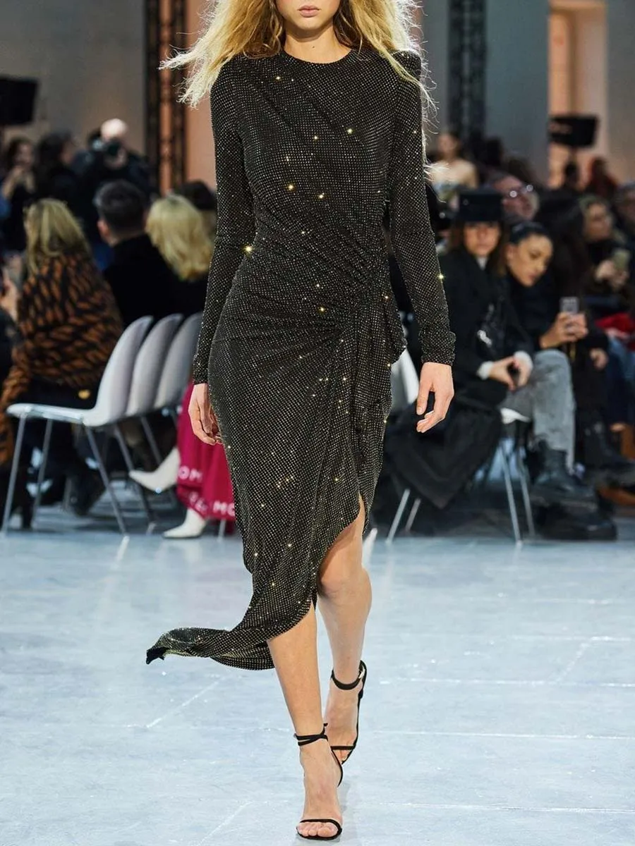 Fashion Long Sleeve Round Neck Irregular Evening Dress