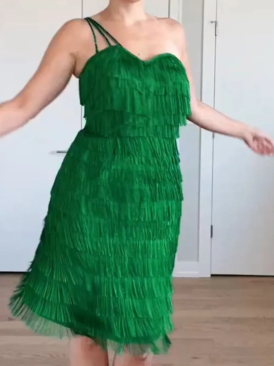 Fashion Sexy One-shoulder Fringed Midi Dress