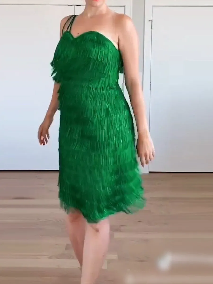 Fashion Sexy One-shoulder Fringed Midi Dress