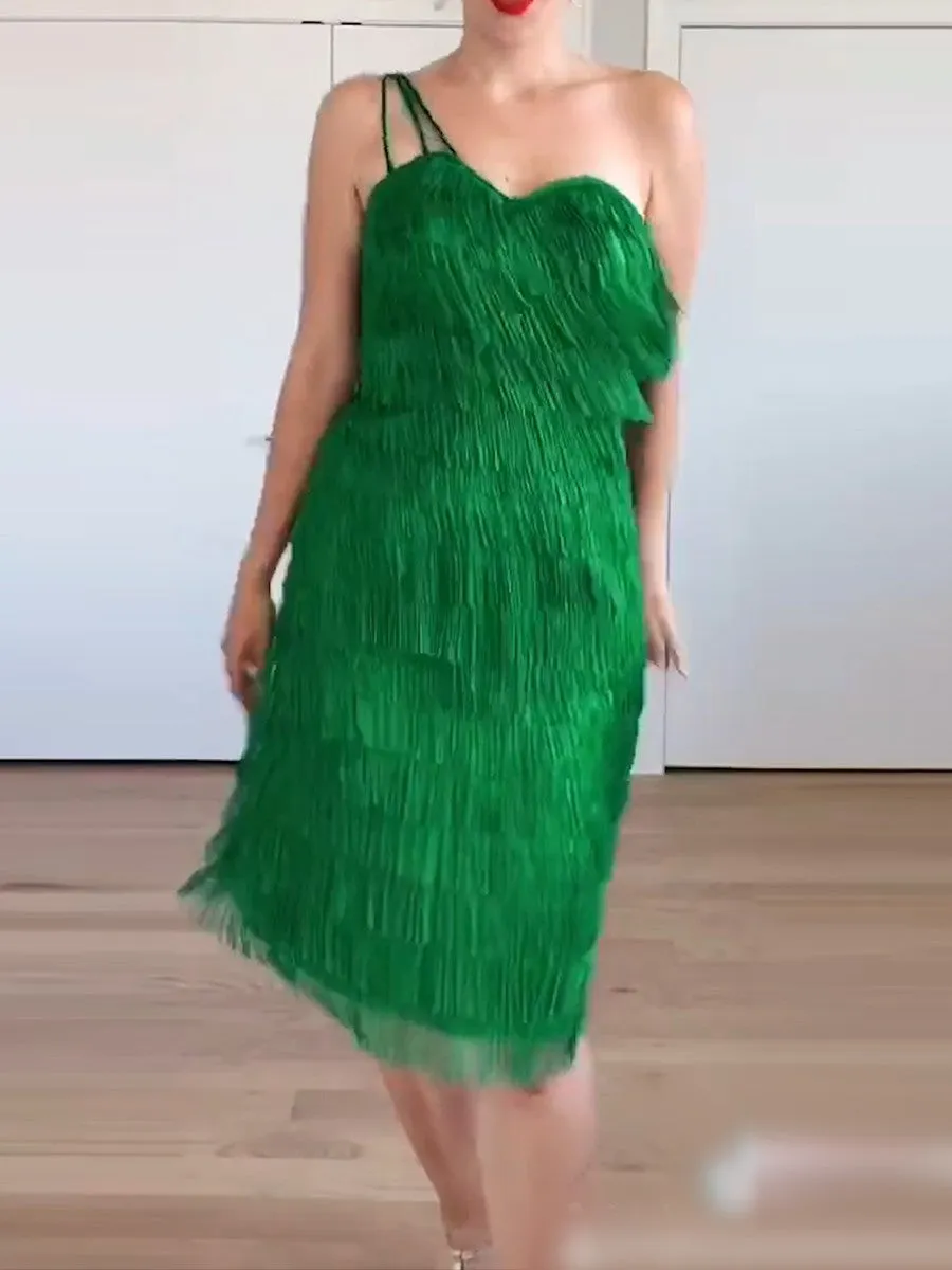 Fashion Sexy One-shoulder Fringed Midi Dress