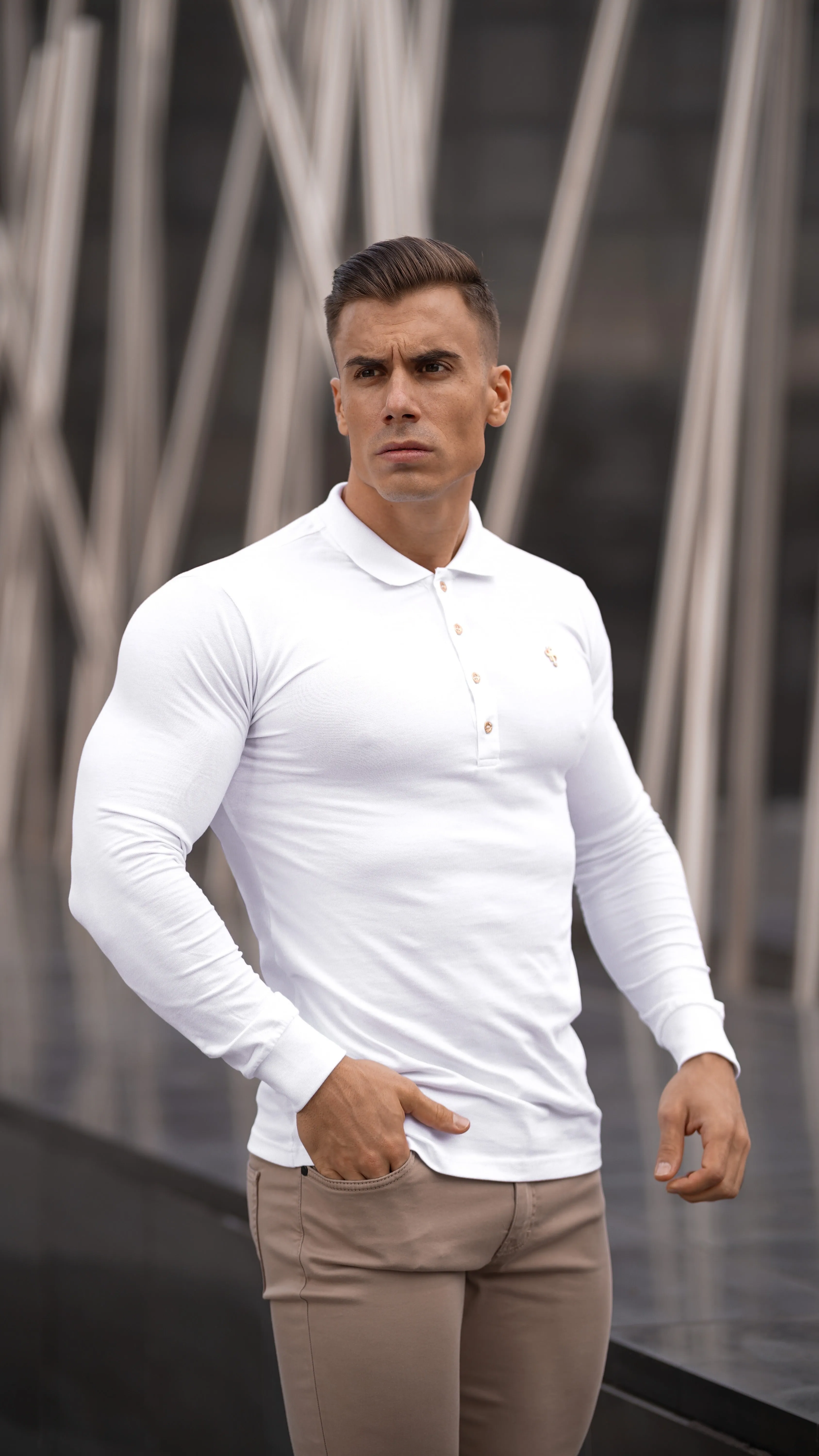 Father Sons Classic White Long Sleeve Polo Shirt with Gold Metal Emblem Decal & Buttons - FSH515