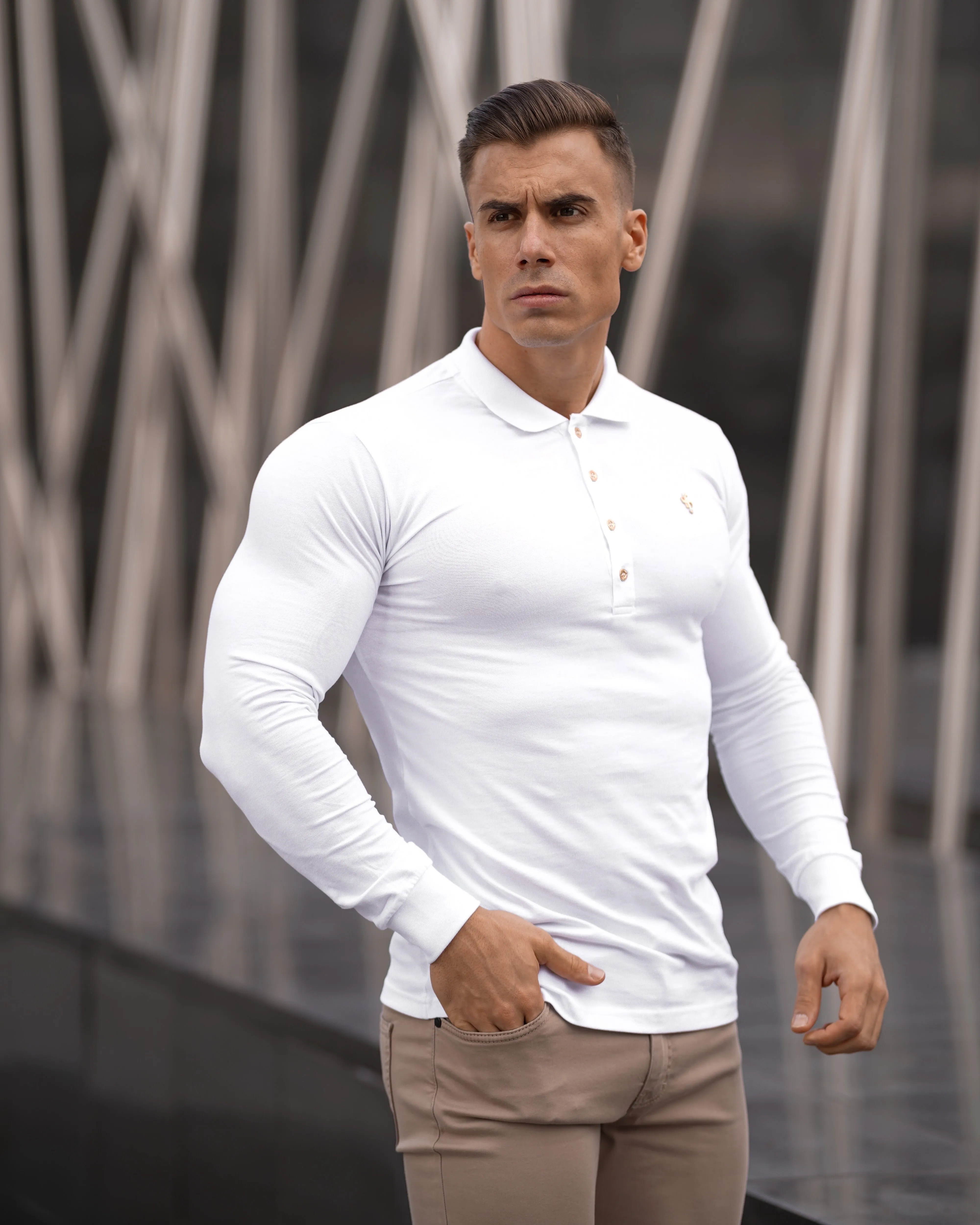 Father Sons Classic White Long Sleeve Polo Shirt with Gold Metal Emblem Decal & Buttons - FSH515