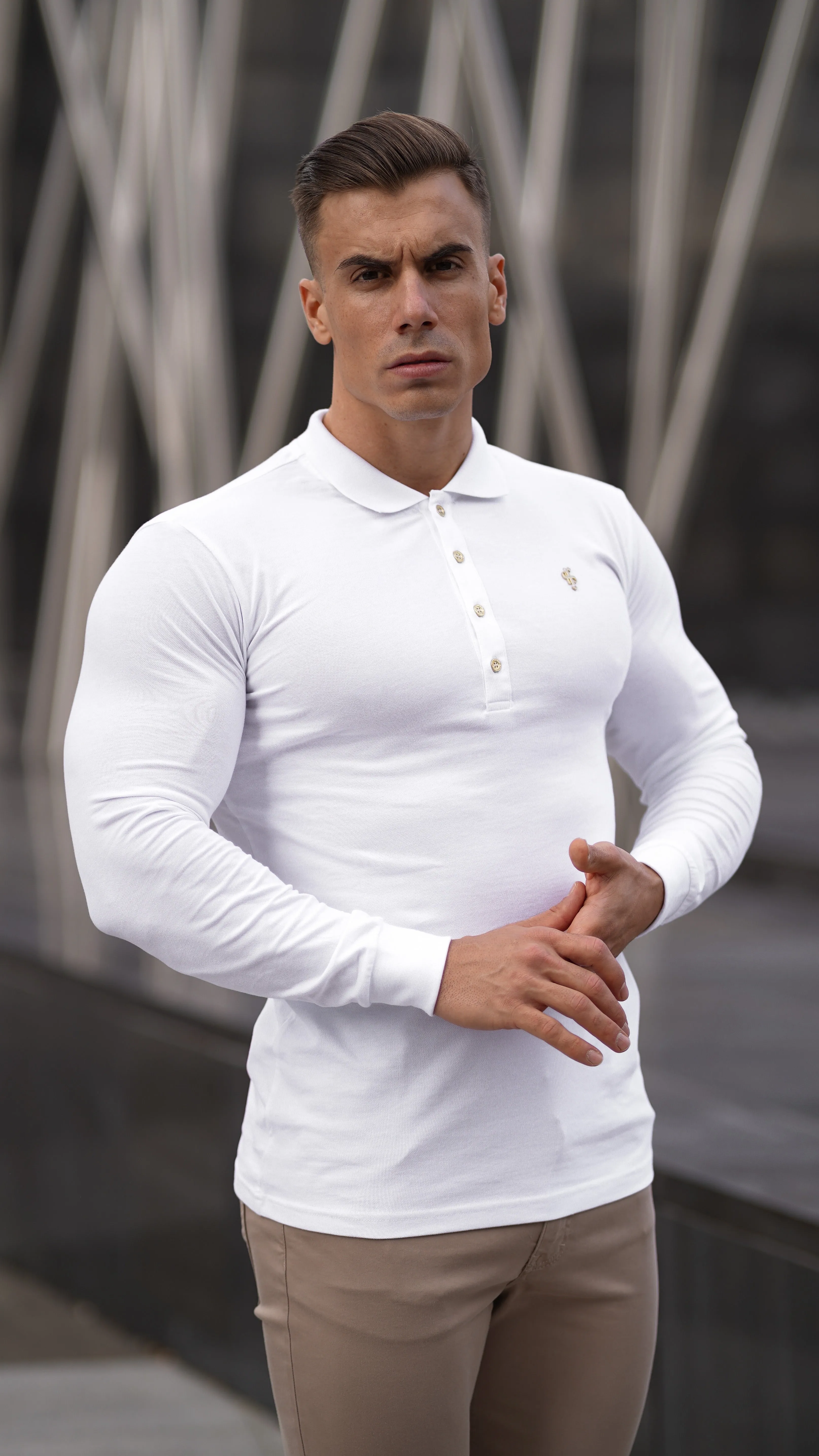 Father Sons Classic White Long Sleeve Polo Shirt with Gold Metal Emblem Decal & Buttons - FSH515
