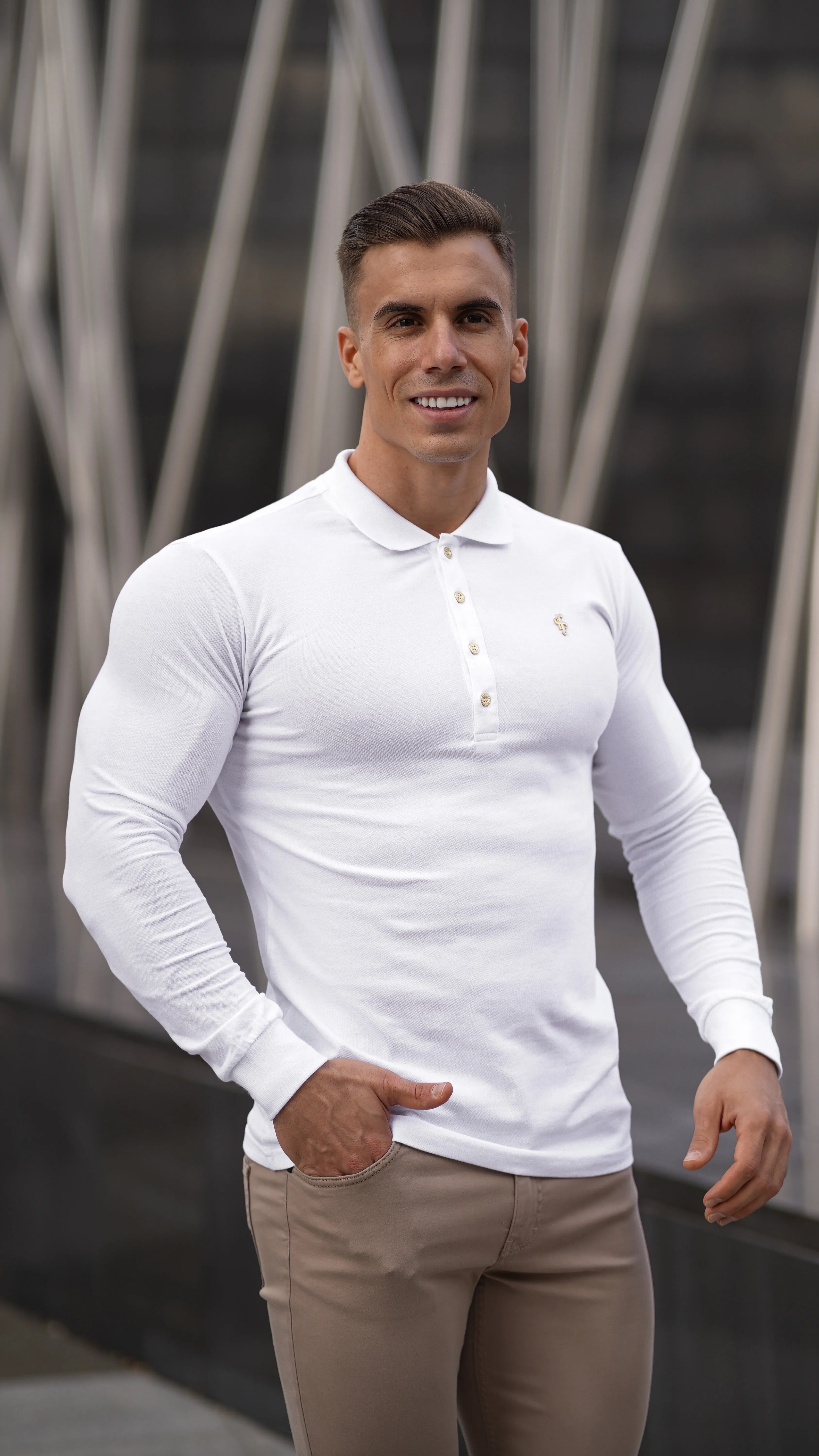 Father Sons Classic White Long Sleeve Polo Shirt with Gold Metal Emblem Decal & Buttons - FSH515