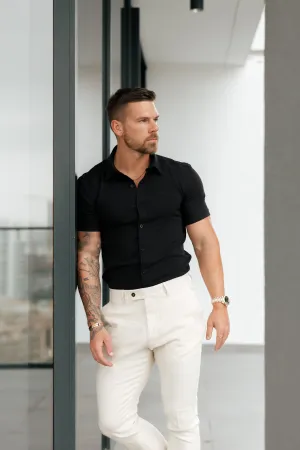 Father Sons Super Slim Scuba Black Short Sleeve Stretch with Back Box Pleat and Side Seam Detail - FS999