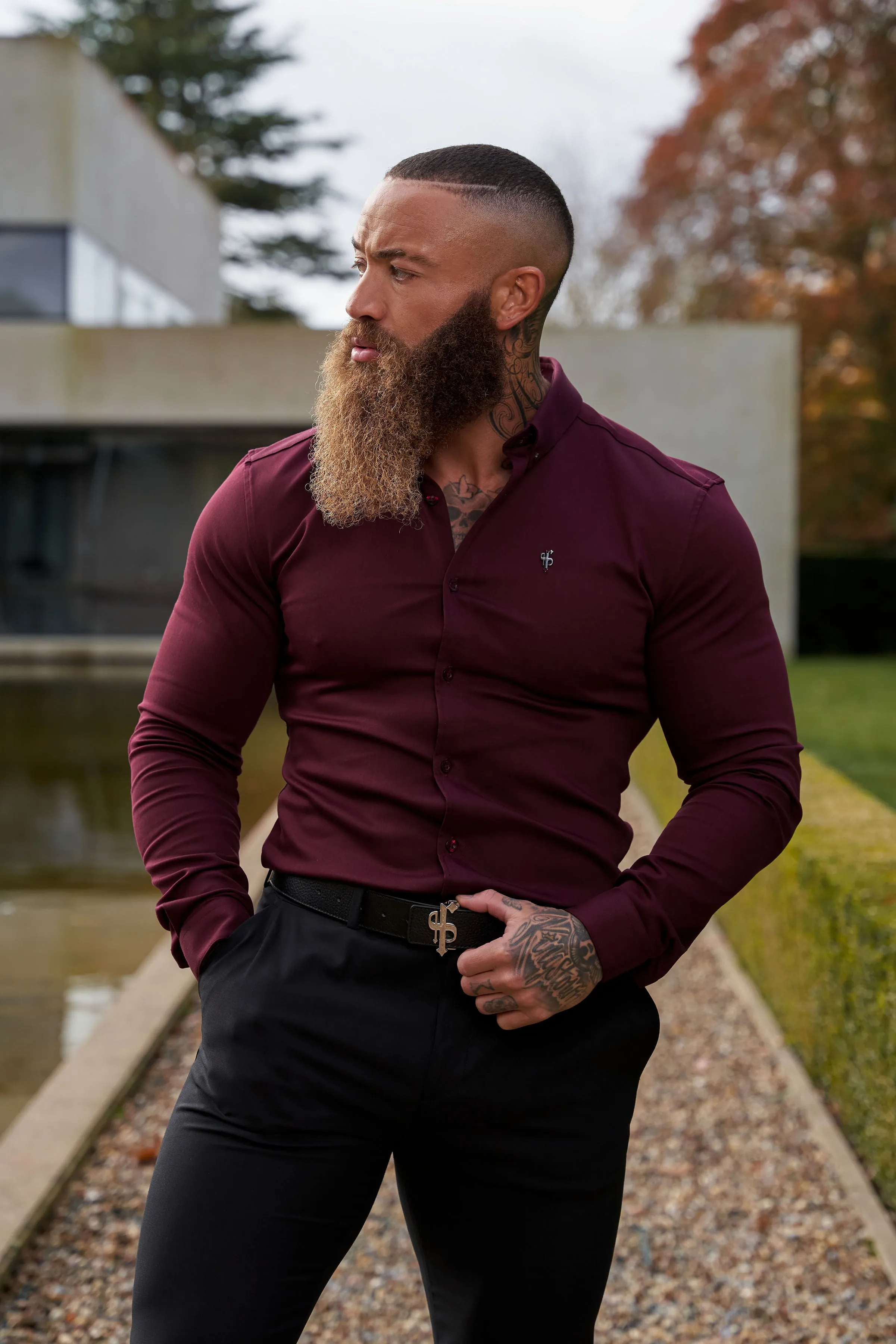 Father Sons Super Slim Stretch Burgundy Denim Long Sleeve with Metal Decal Emblem - FS628