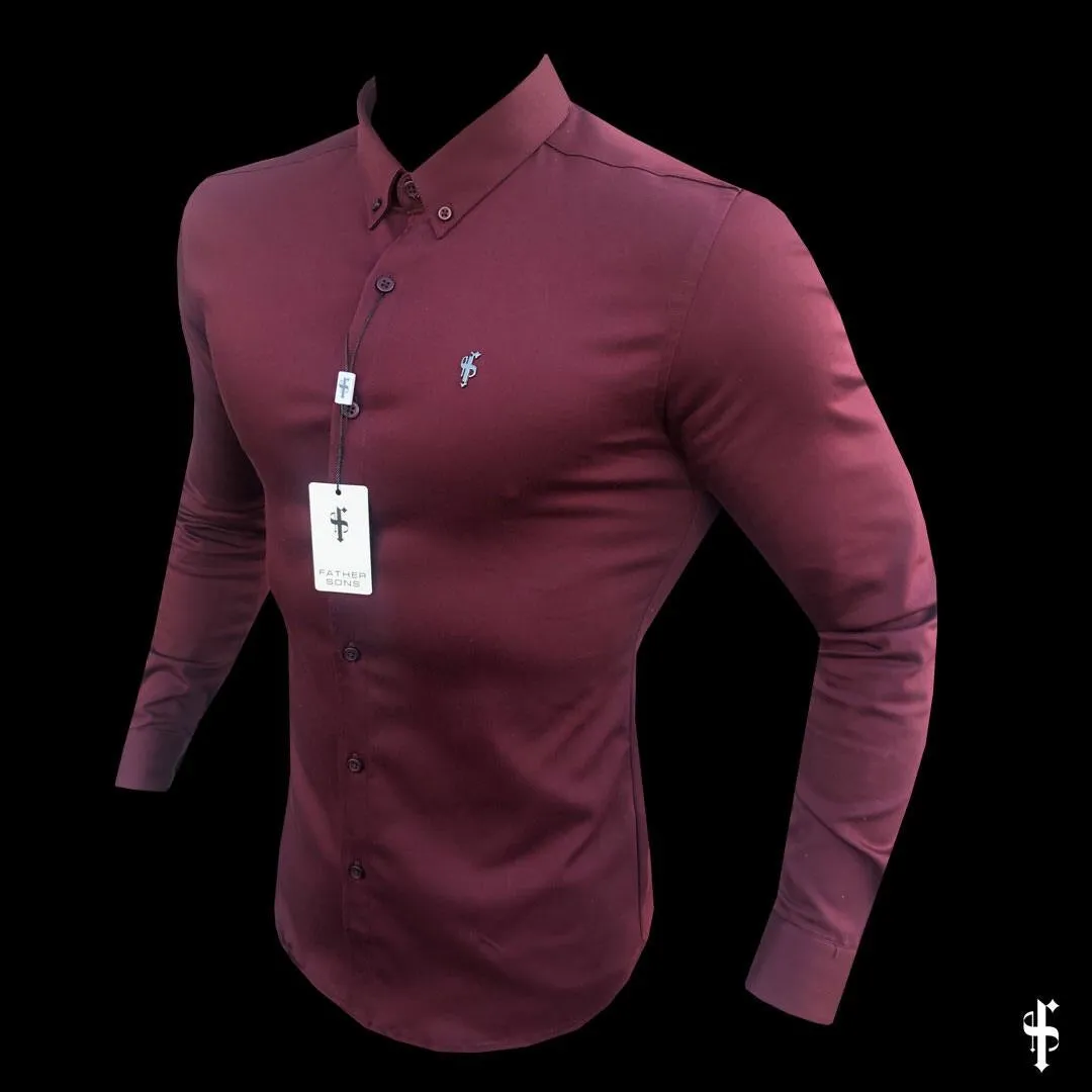 Father Sons Super Slim Stretch Burgundy Denim Long Sleeve with Metal Decal Emblem - FS628
