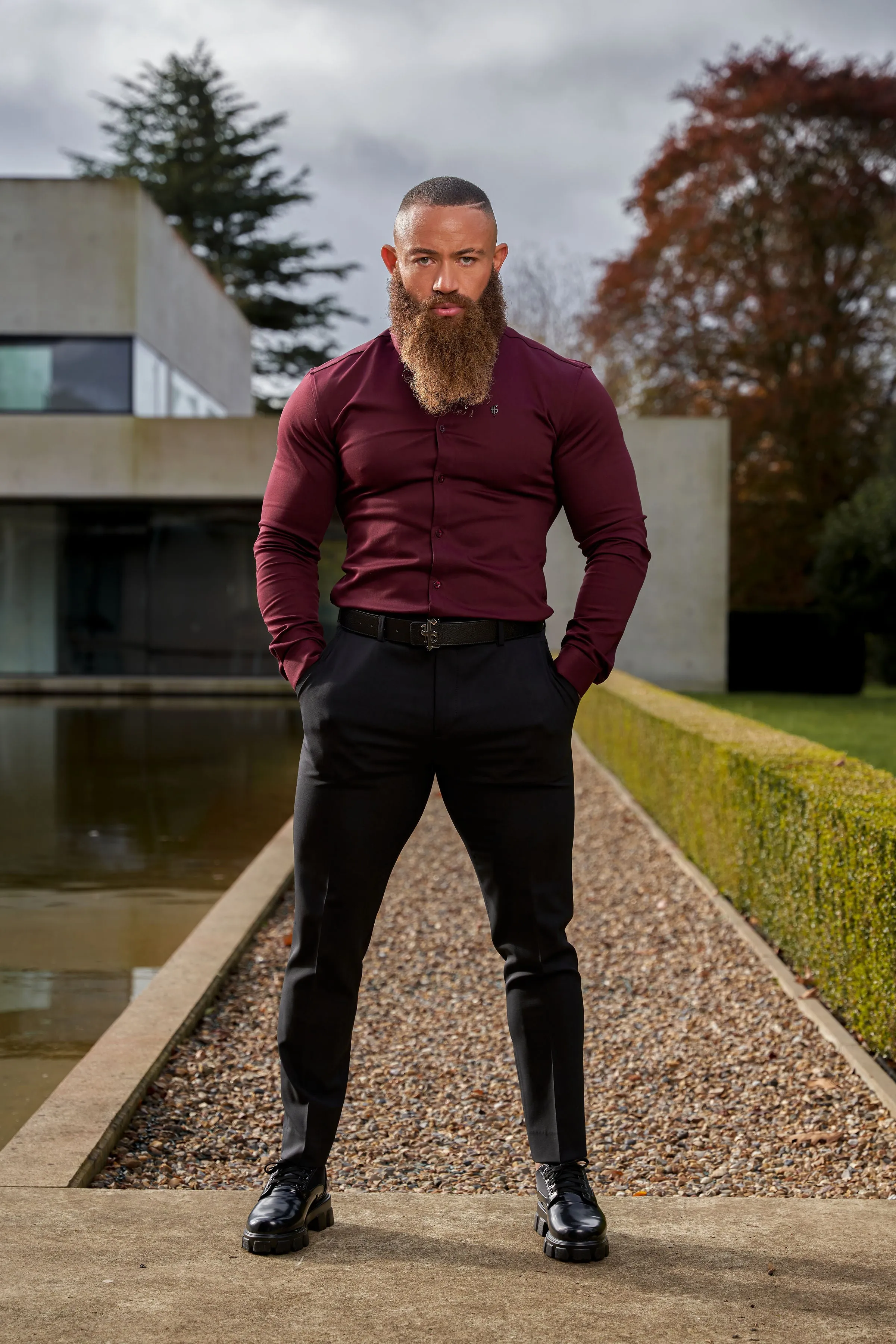 Father Sons Super Slim Stretch Burgundy Denim Long Sleeve with Metal Decal Emblem - FS628