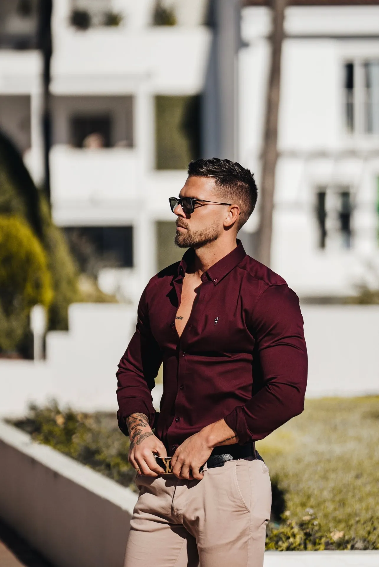Father Sons Super Slim Stretch Burgundy Denim Long Sleeve with Metal Decal Emblem - FS628