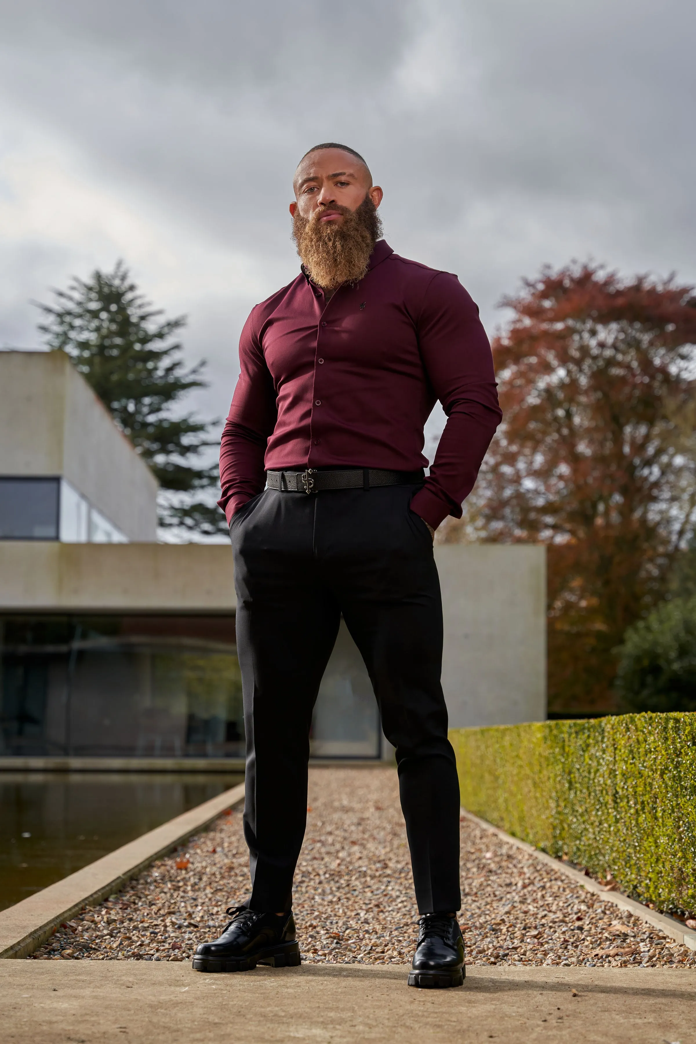 Father Sons Super Slim Stretch Burgundy Denim Long Sleeve with Metal Decal Emblem - FS628
