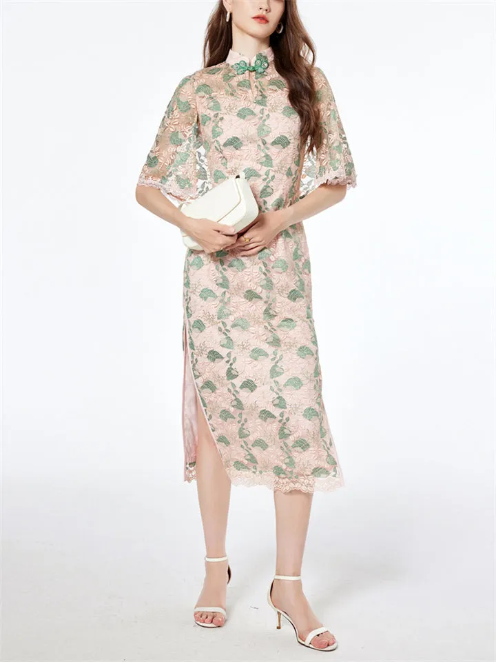 Female Retro Knot Button Stand Collar Hollow Out Lace Qipao