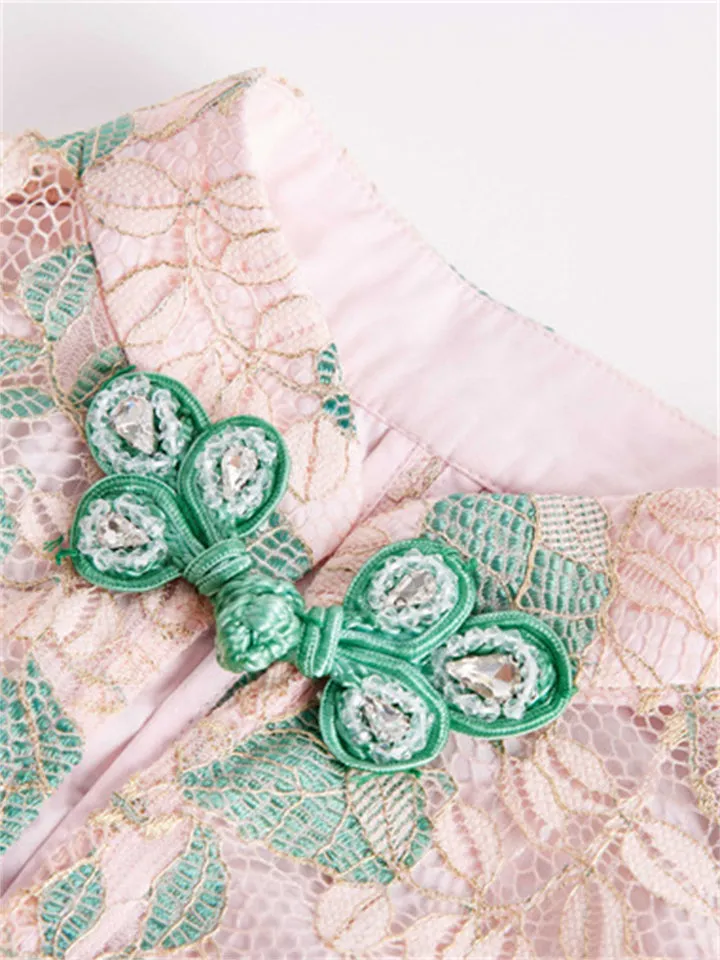 Female Retro Knot Button Stand Collar Hollow Out Lace Qipao