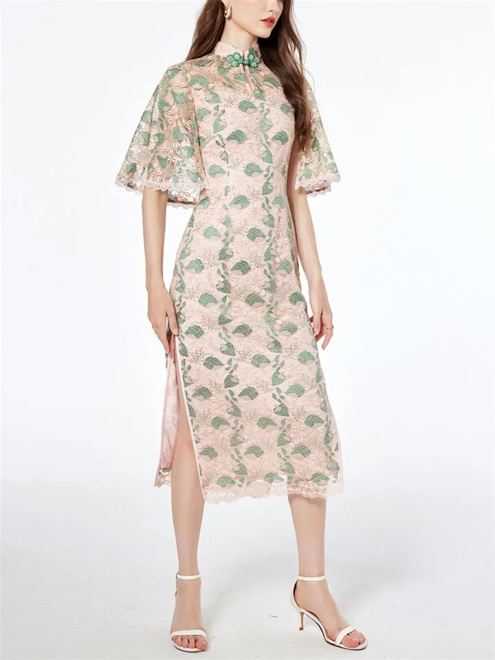 Female Retro Knot Button Stand Collar Hollow Out Lace Qipao