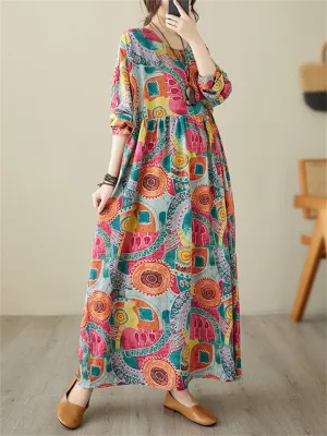 Female Tree Rings Meadows Printed Round Neck Maxi Dress