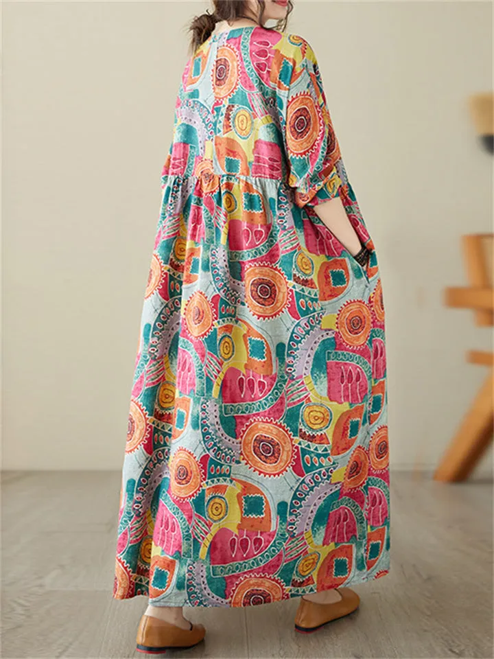 Female Tree Rings Meadows Printed Round Neck Maxi Dress