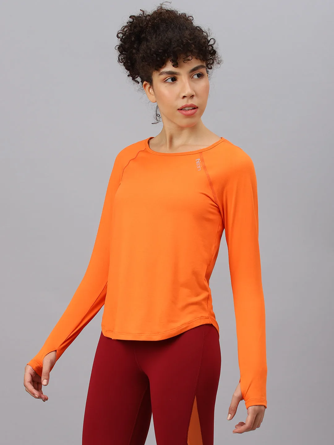 Fitkin women's orange round neck back laser cut design full sleeves t-shirt