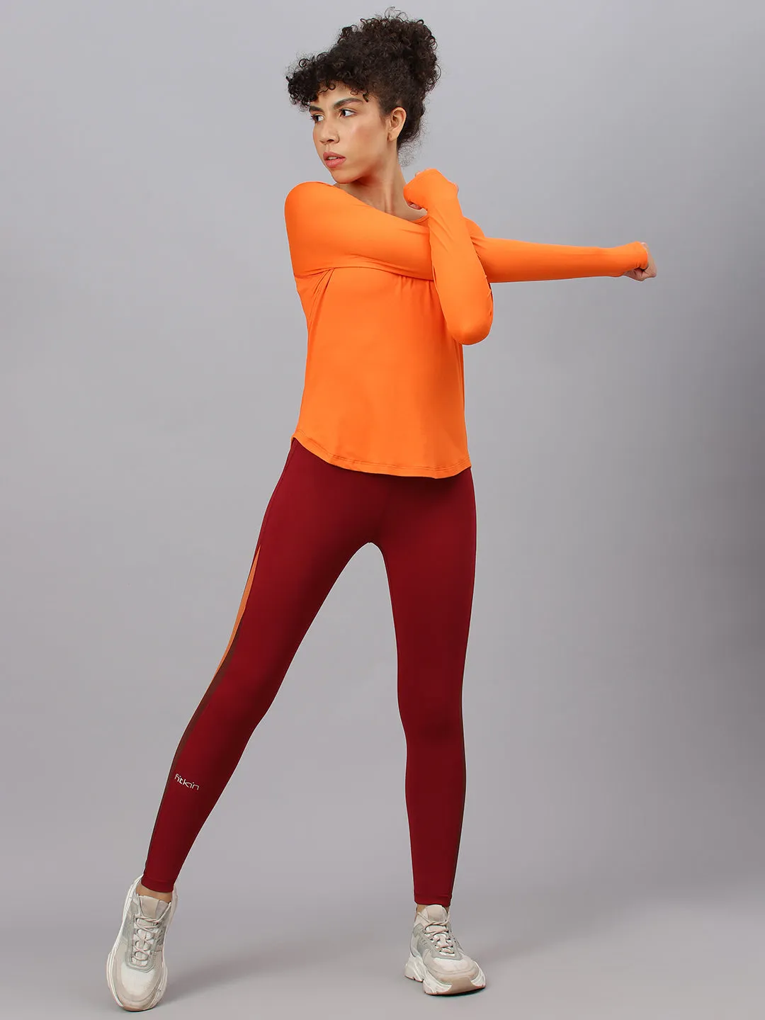 Fitkin women's orange round neck back laser cut design full sleeves t-shirt