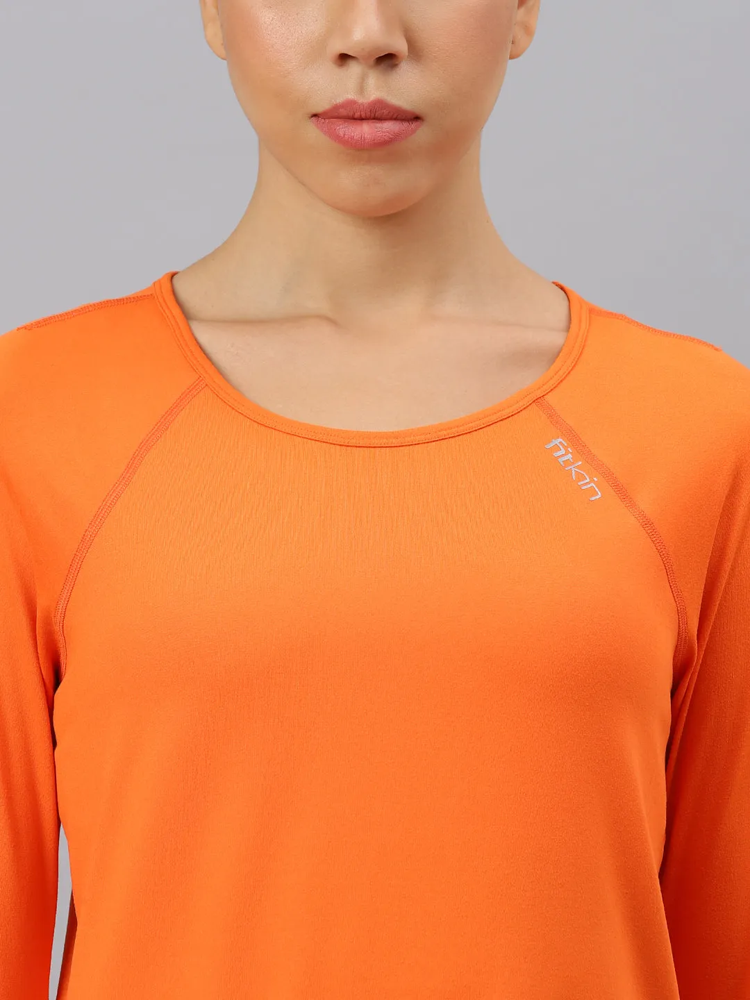 Fitkin women's orange round neck back laser cut design full sleeves t-shirt
