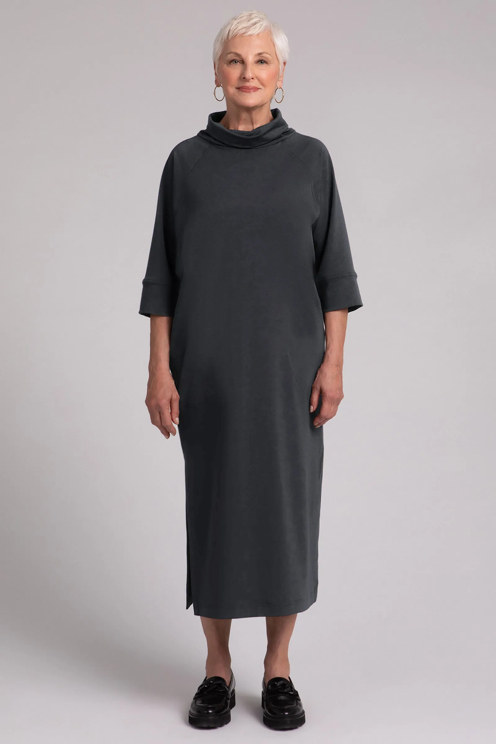 Fleece Back Jersey Cozy Raglan Funnel Neck Dress