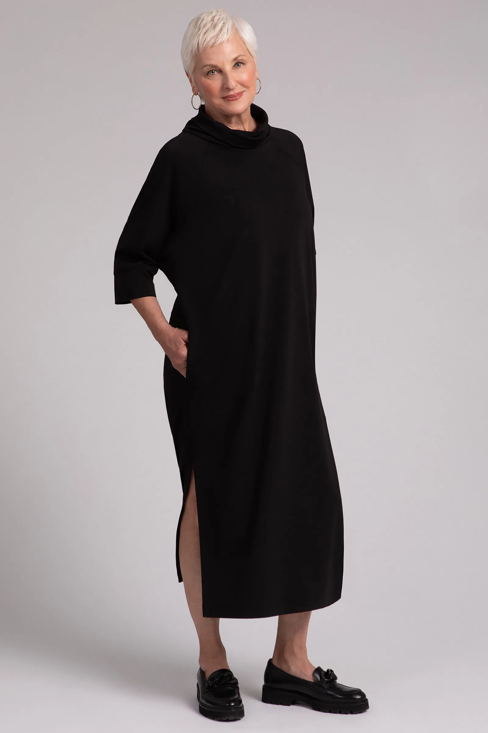 Fleece Back Jersey Cozy Raglan Funnel Neck Dress