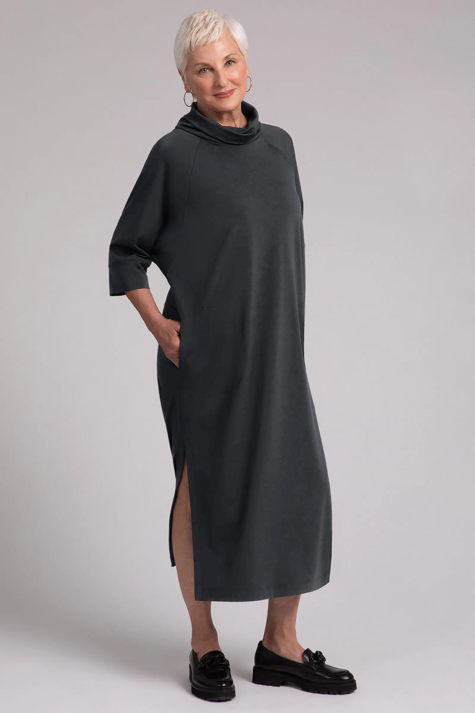 Fleece Back Jersey Cozy Raglan Funnel Neck Dress