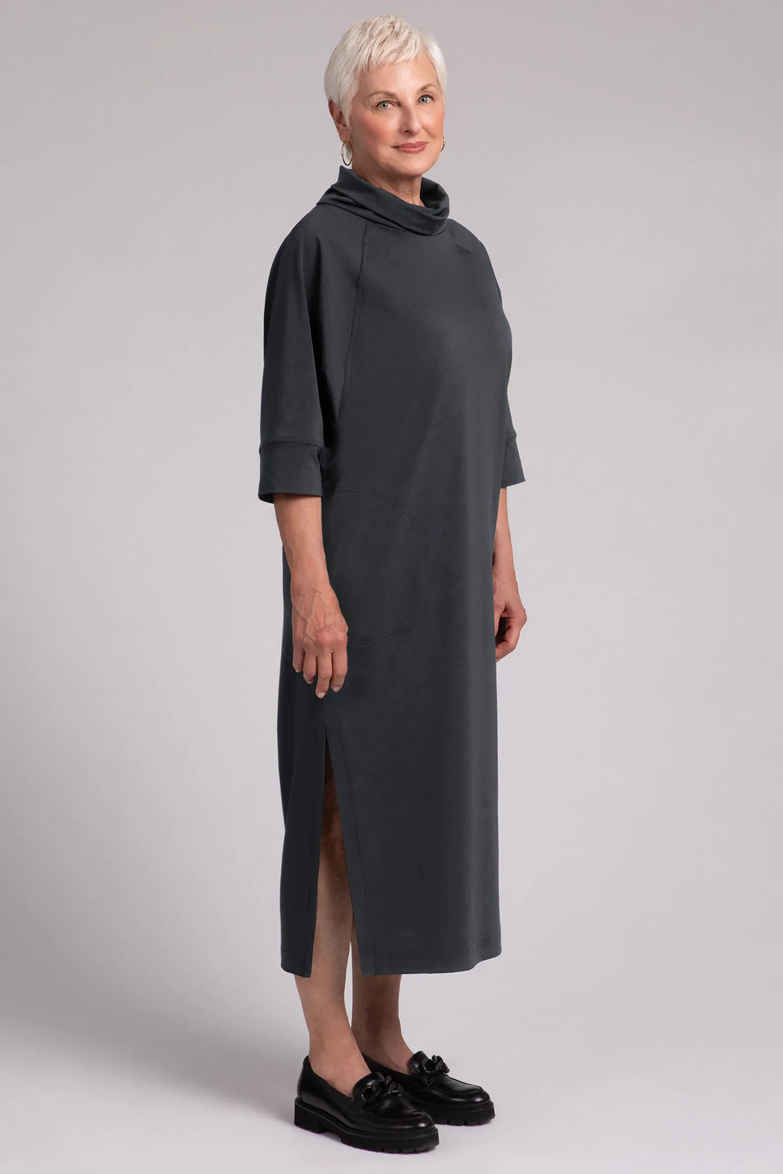 Fleece Back Jersey Cozy Raglan Funnel Neck Dress