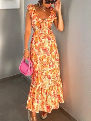 Floral Print Maxi Dress with Layered Ruffles and Cut-Out Waist