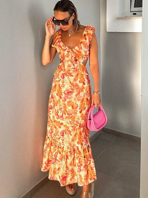 Floral Print Maxi Dress with Layered Ruffles and Cut-Out Waist