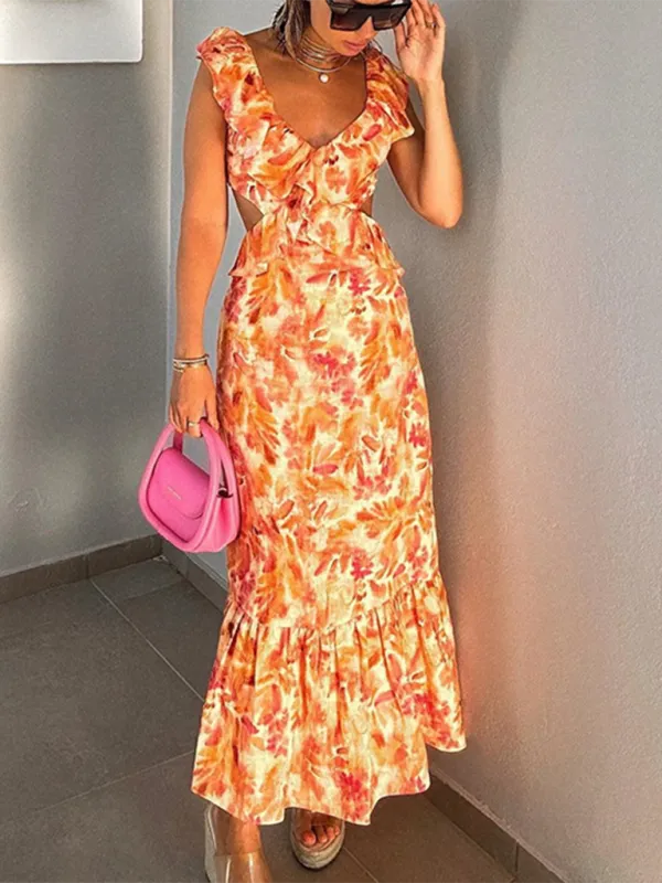 Floral Print Maxi Dress with Layered Ruffles and Cut-Out Waist