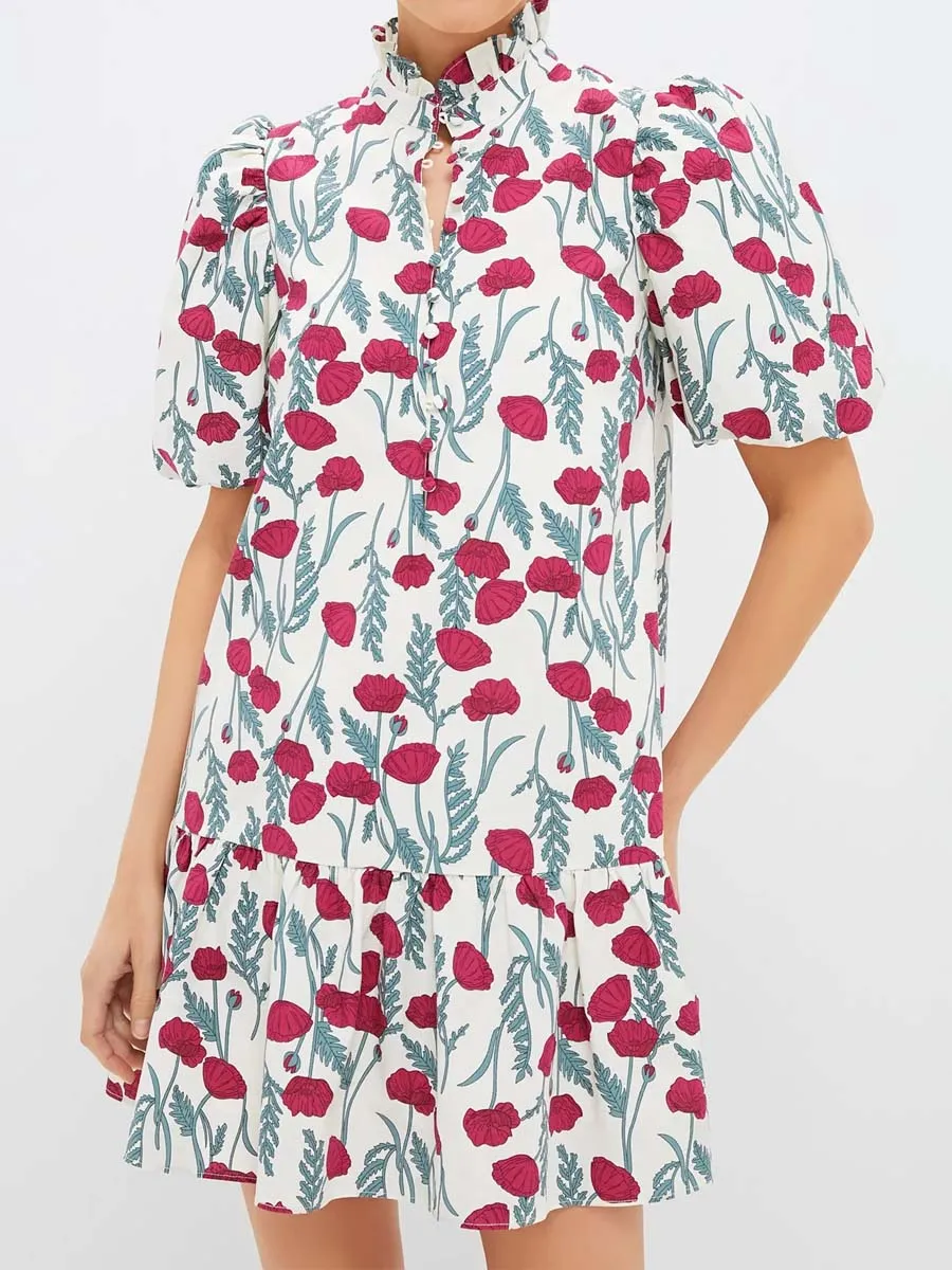 Floral Print Stand Ruffle Collar Mini Dress