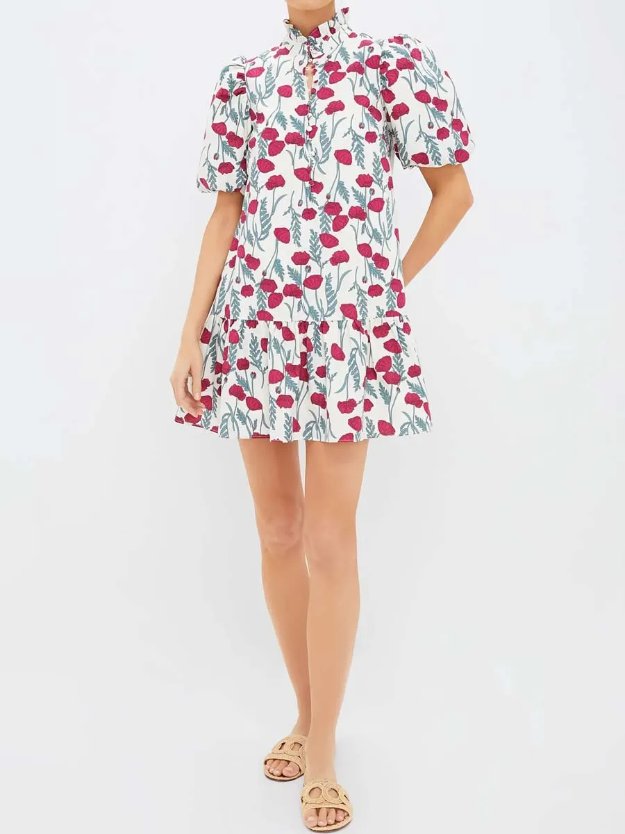 Floral Print Stand Ruffle Collar Mini Dress