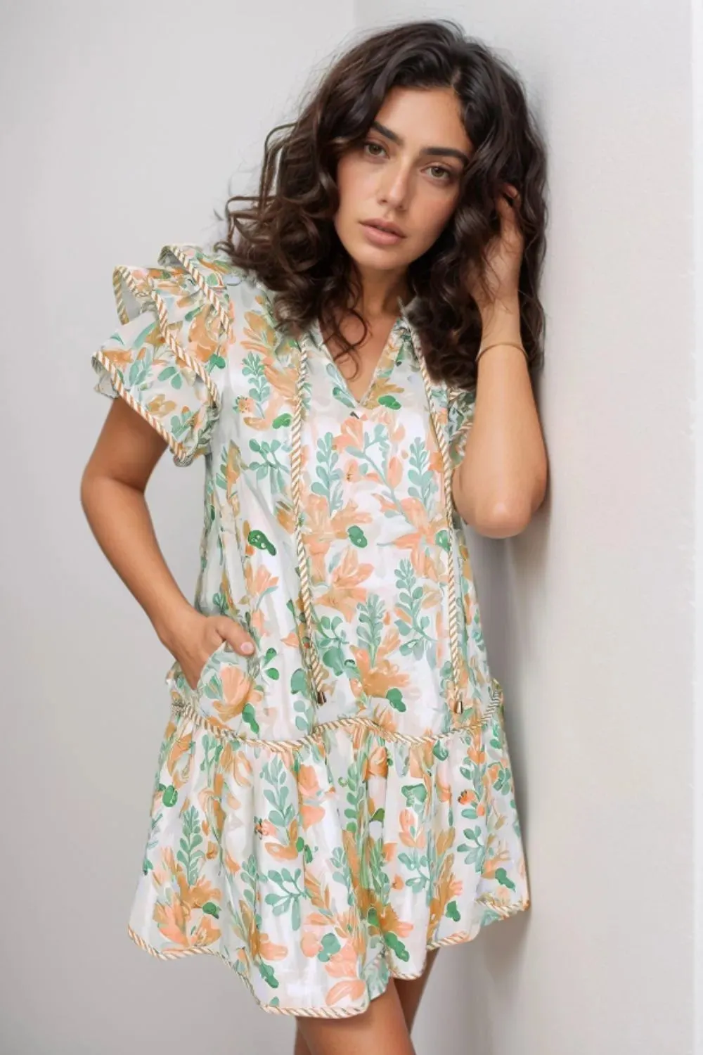 Floral Tie Neck Layered Short Sleeve Dress