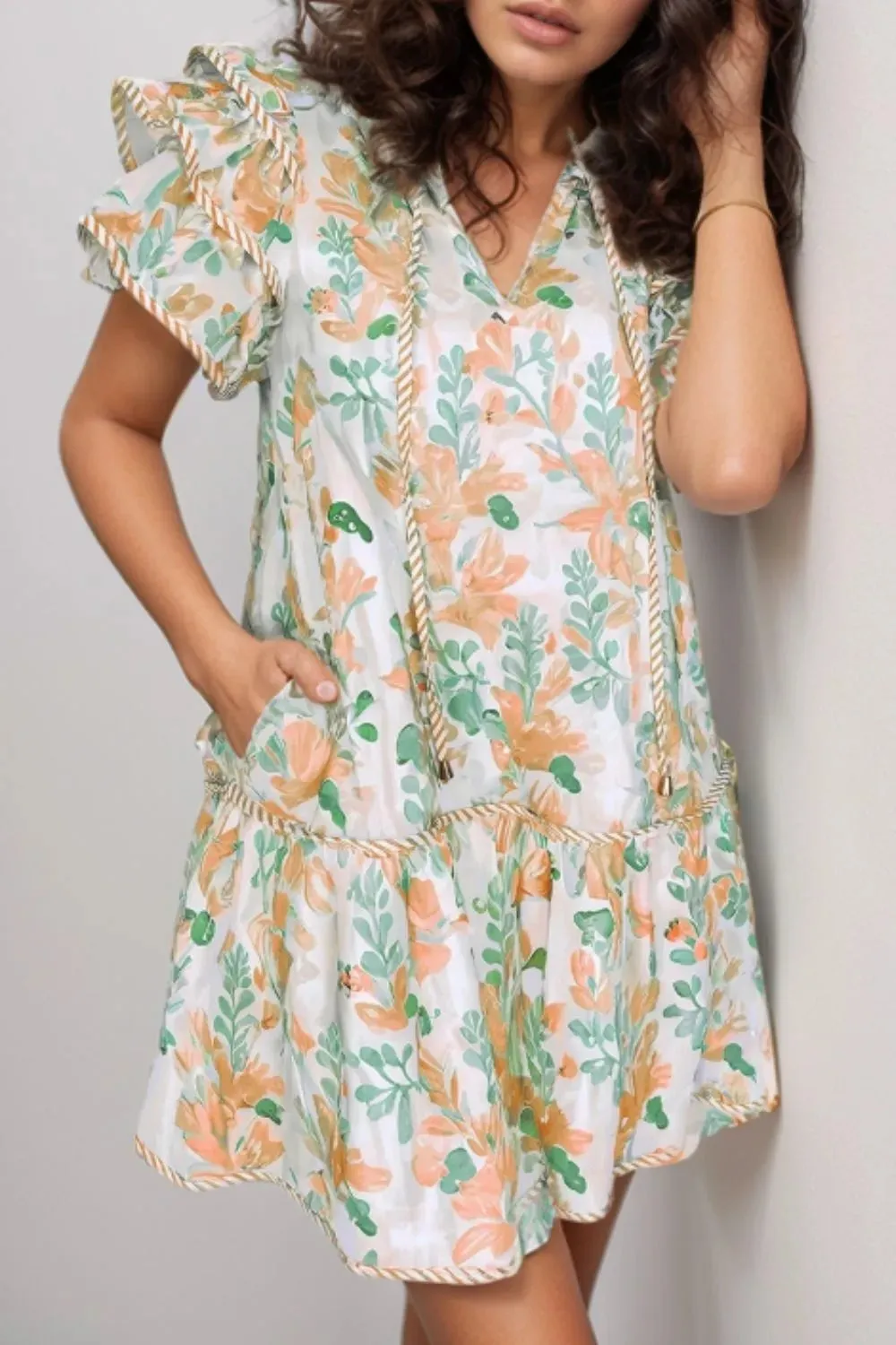 Floral Tie Neck Layered Short Sleeve Dress
