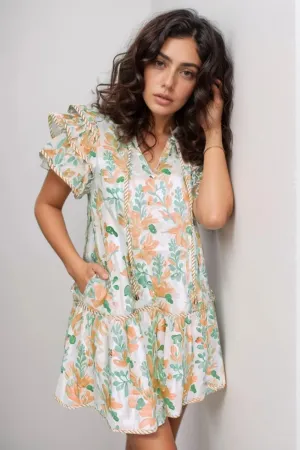 Floral Tie Neck Layered Short Sleeve Dress
