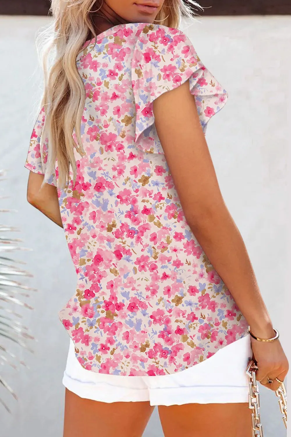 Flutter Sleeve Notched Floral Summer Blouse