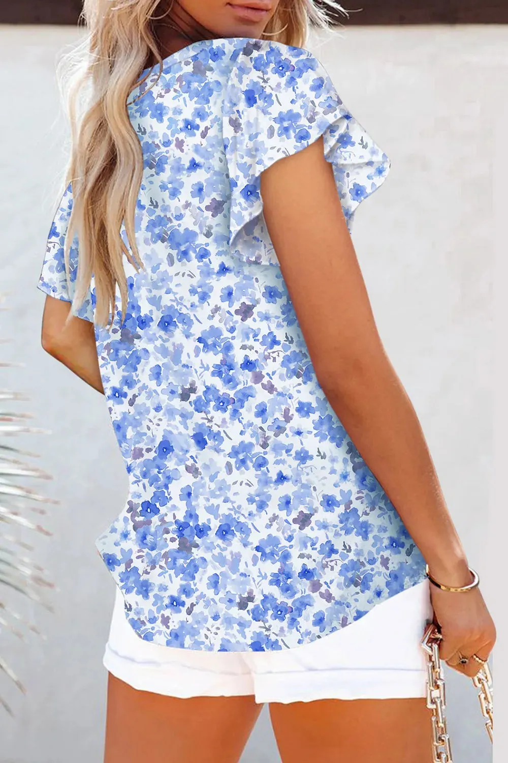 Flutter Sleeve Notched Floral Summer Blouse